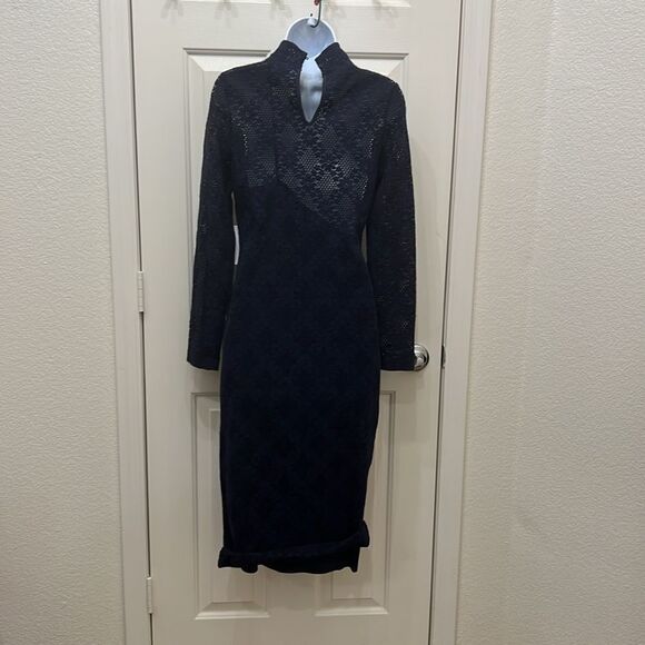 VENUS Blue Long Sleeve Sheath Maxi Dress And Slip Sz Small 2 Pieces Floral Lace - Picture 11 of 17